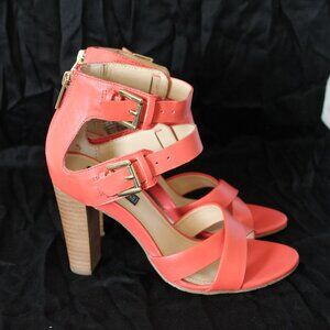 6.5 US, vibrant peach sandal heels.